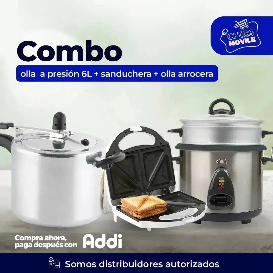 Combo CORONA y KALLEY Olla a Presión 6Lts + Sanduchera +Olla Arrocera 10 Tazas 👨🍳🥐 - Chics Movile
