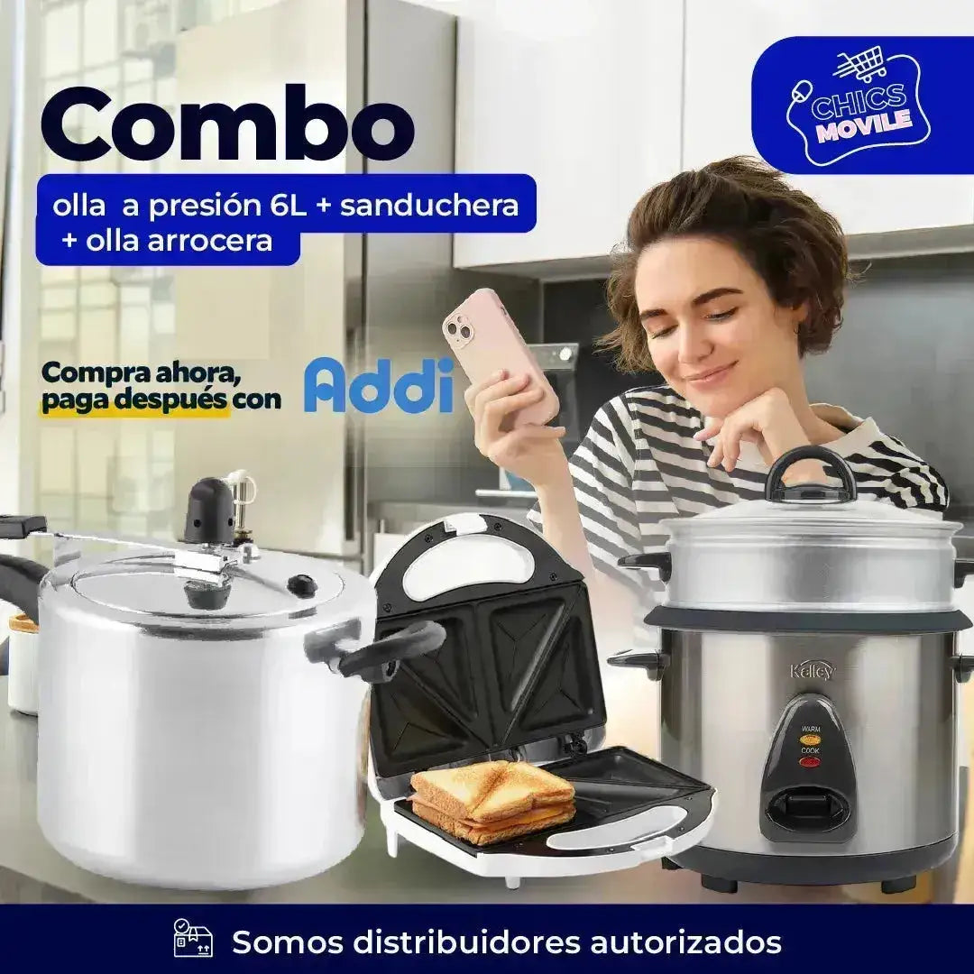 Combo CORONA y KALLEY Olla a Presión 6Lts + Sanduchera +Olla Arrocera 10 Tazas 👨🍳🥐 - Chics Movile