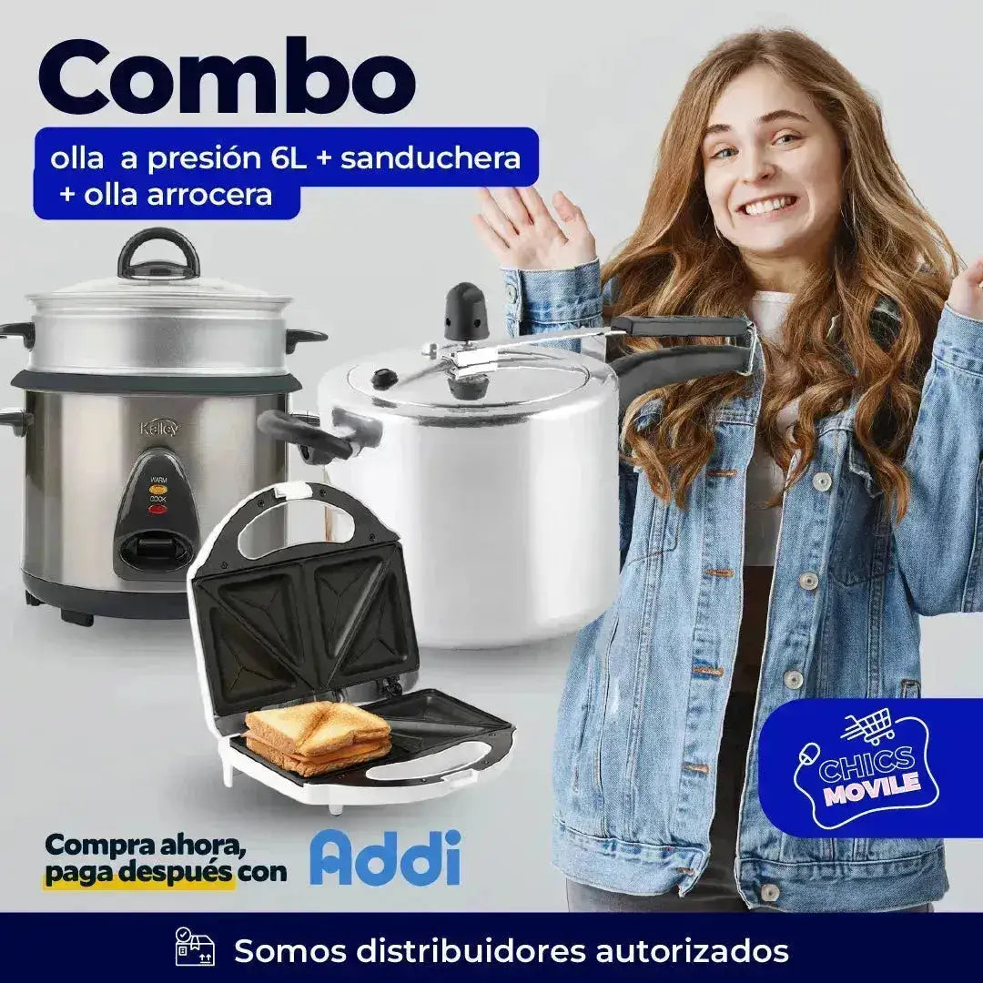 Combo CORONA y KALLEY Olla a Presión 6Lts + Sanduchera +Olla Arrocera 10 Tazas 👨🍳🥐 - Chics Movile