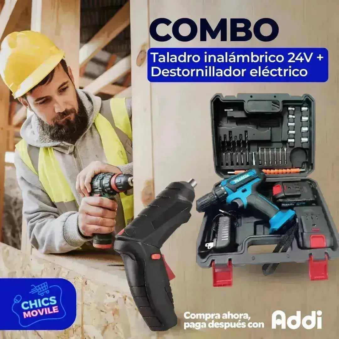 Taladro Inalámbrico Makita Doble Bateria 24v Con 25 Accesorios 👷 + Destornillador Inalambrico Electrico Recargable - Chics Movile