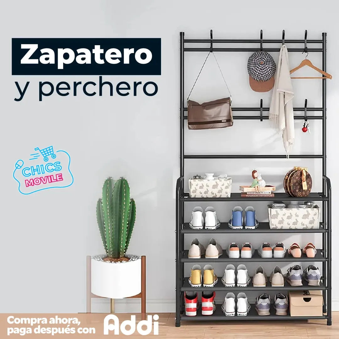 Perchero Multifuncional Con Zapatero 5 Niveles Grande 170cm Color Negro 👟🧥🏠 - Chics Movile