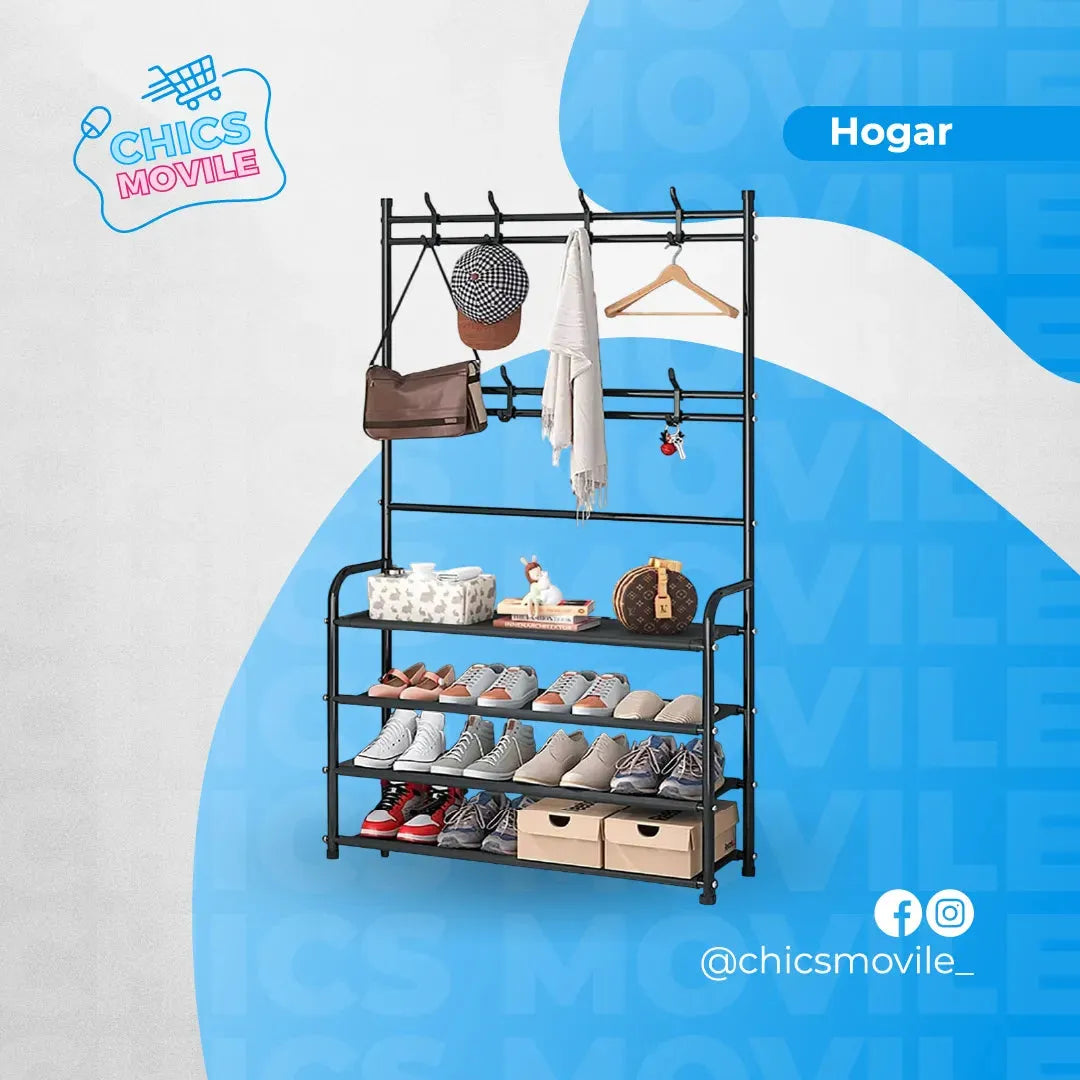 Perchero Multifuncional Con Zapatero 5 Niveles Grande 170cm Color Negro 👟🧥🏠 - Chics Movile