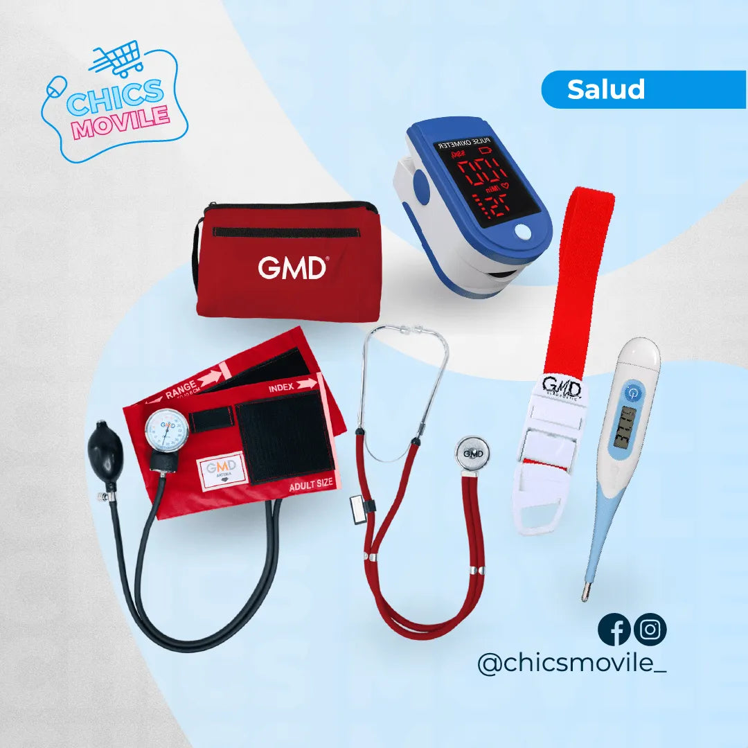 Kit de enfermería GMD Tensiómetro, Fonendoscopio + Oxímetro + Termómetro + Torniquete Elástico - Chics Movile
