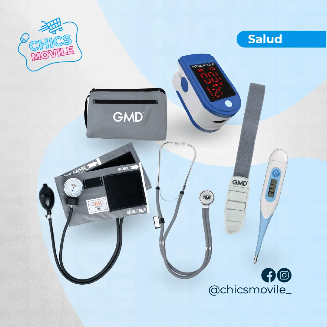 Kit de enfermería GMD Tensiómetro, Fonendoscopio + Oxímetro + Termómetro + Torniquete Elástico - Chics Movile