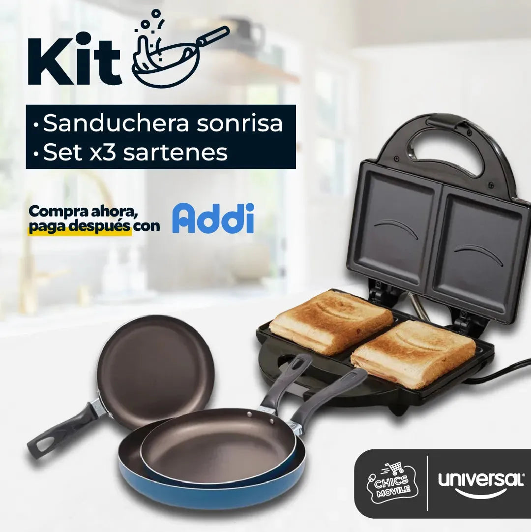Combo UNIVERSAL Sanduchera Sonrisa + Set x3 Santenes Antiadherentes 🍳✅ - Chics Movile