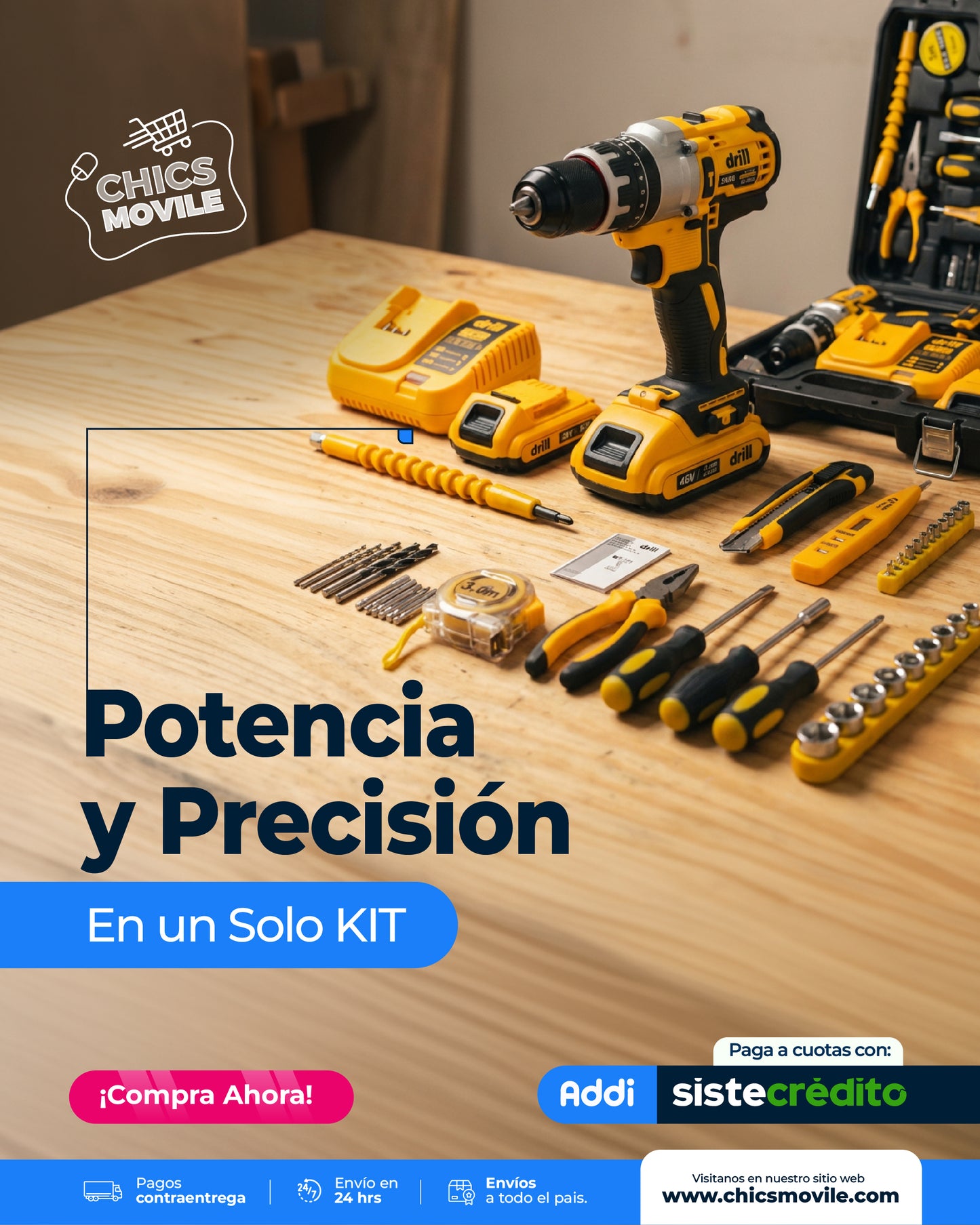 Kit de Herramientas drill 48v percutor 10mm con 2 Baterias y 32 Accesorios