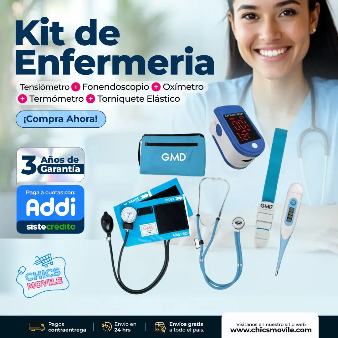 Kit de enfermería GMD Tensiómetro, Fonendoscopio + Oxímetro + Termómetro + Torniquete Elástico