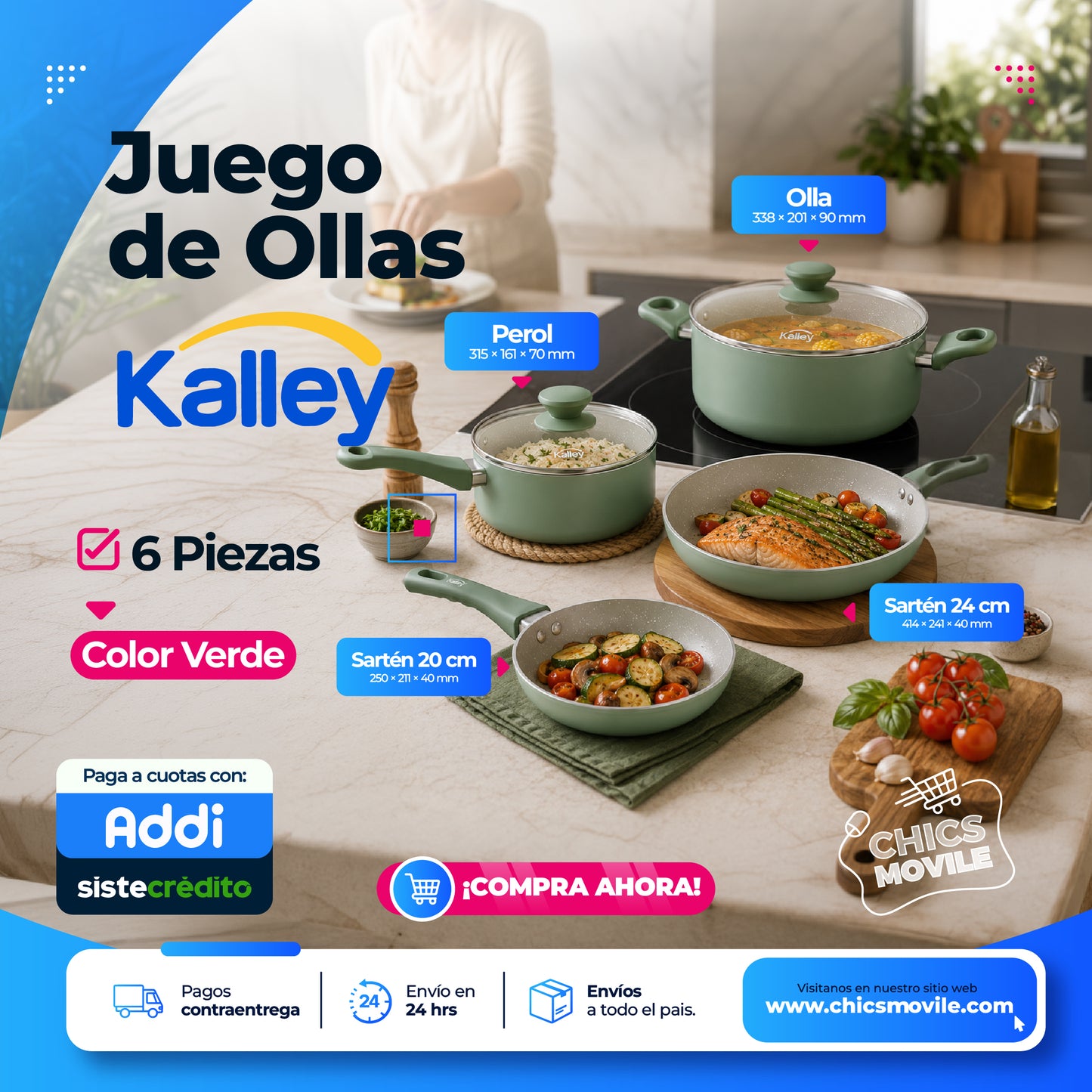 Batería de Ollas de Cocina Antiadherente Cerámica x 6 piezas