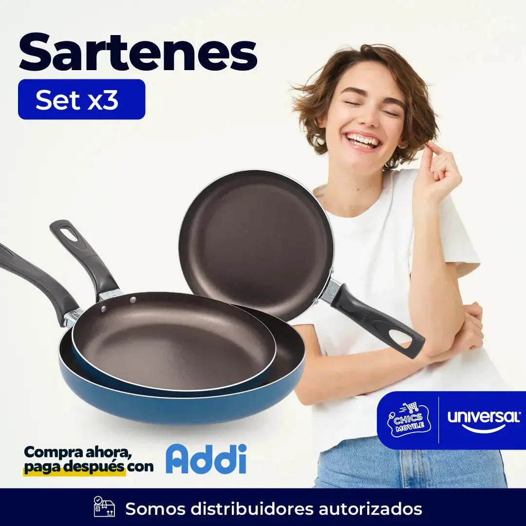 Juego De Sartenes X3 Universal Mass Color Azul 🍳🥘 - Chics Movile