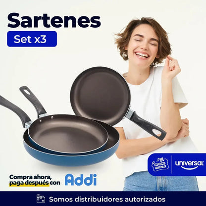 Juego De Sartenes X3 Universal Mass Color Azul 🍳🥘 - Chics Movile