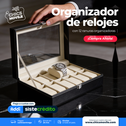 Organizador de joyas con cojines extraíbles 12 Relojes, vidrio enmarcado y cierre seguro para almacenamiento de joyas de relojes
