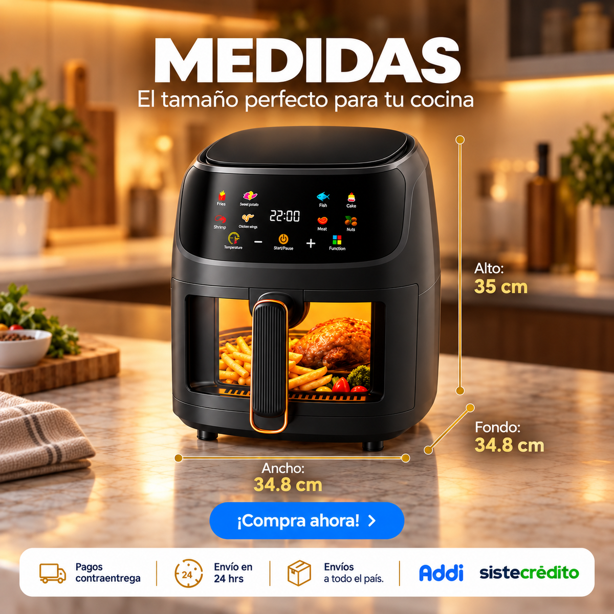 Freidora De Aire Olla Air Fryer 10 Litros Táctil + Parrill