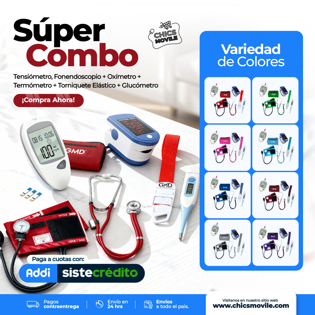 Kit enfermeria Tensiómetro, Fonendoscopio + Oxímetro + Termómetro + Glucómetro + Torniquete Elástico