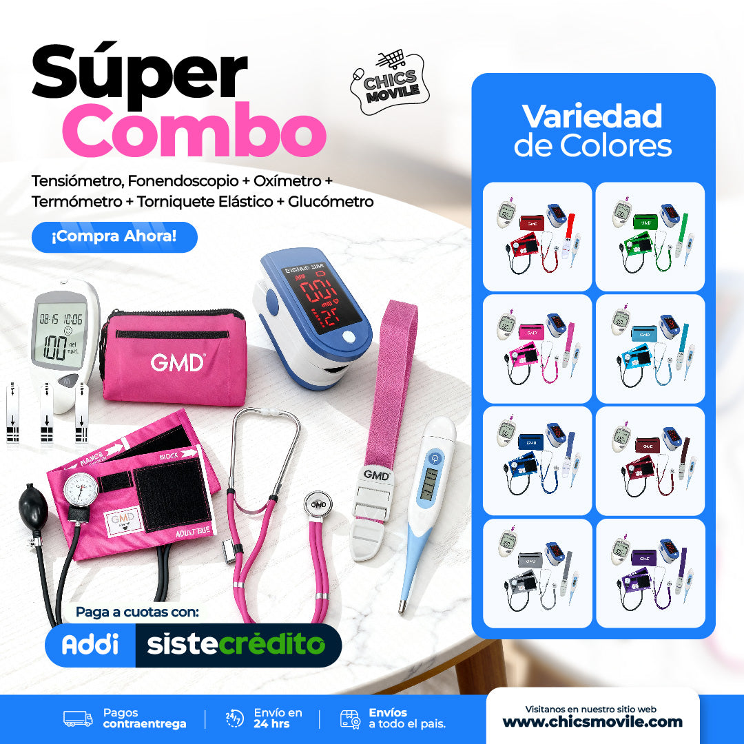 Kit enfermeria Tensiómetro, Fonendoscopio + Oxímetro + Termómetro + Glucómetro + Torniquete Elástico