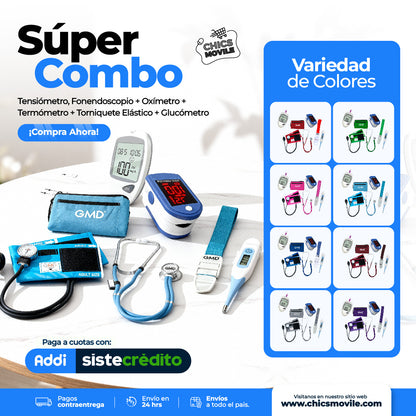 Kit enfermeria Tensiómetro, Fonendoscopio + Oxímetro + Termómetro + Glucómetro + Torniquete Elástico