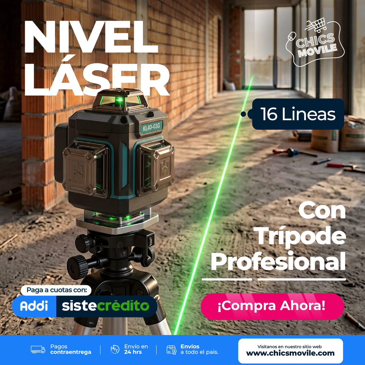 Nivel láser 4D de 16 Líneas Verde Kit completo con Trípode