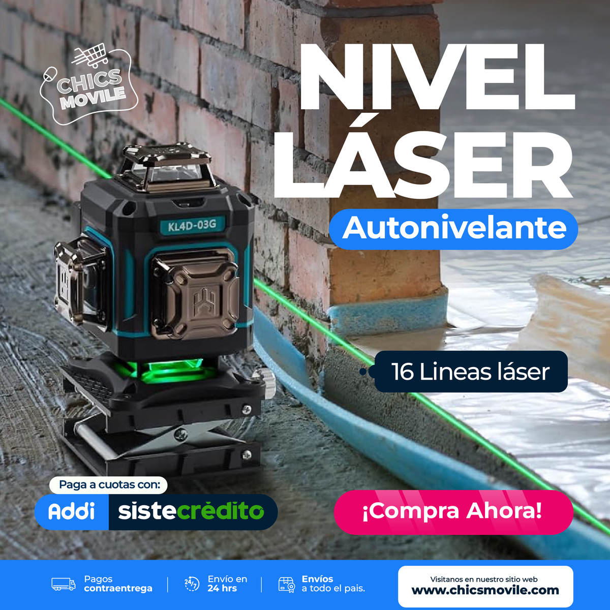 Nivel láser 4D de 16 Líneas Verde Kit completo con Trípode