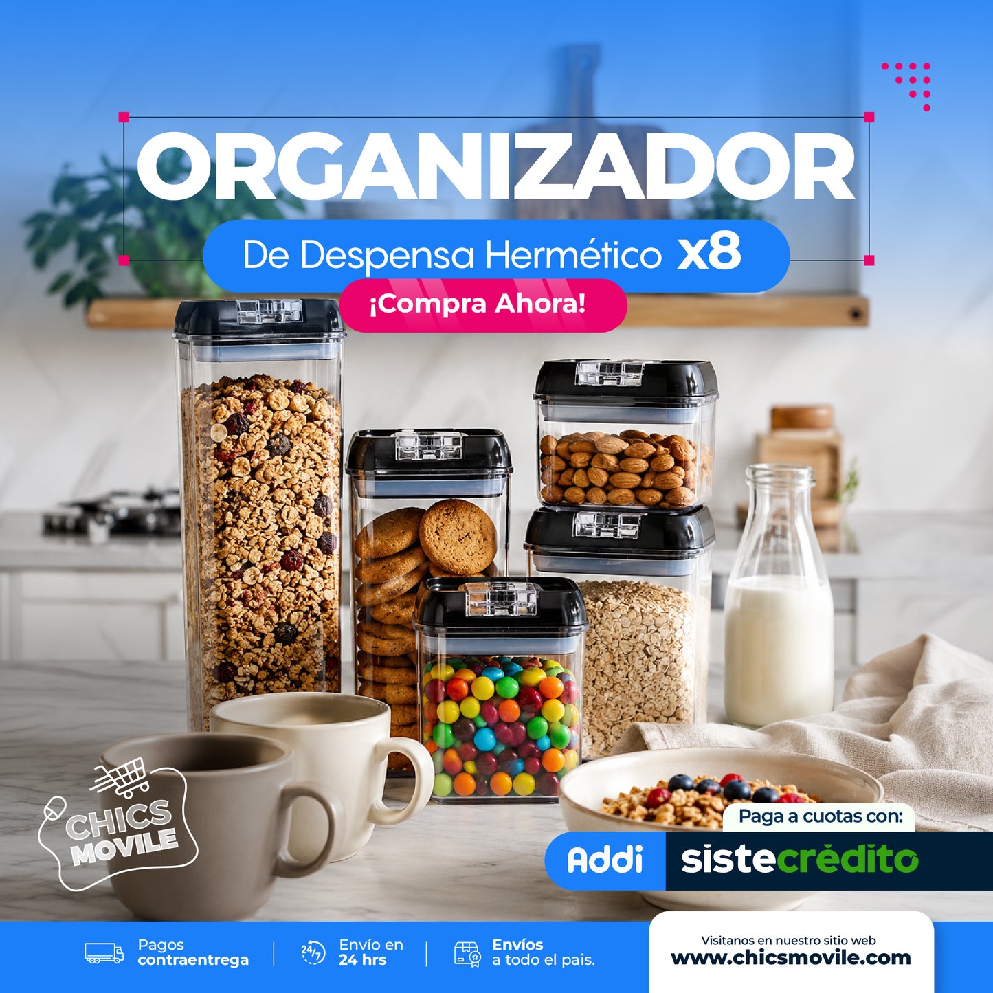 Organizador de despensa hermético x8 recipientes