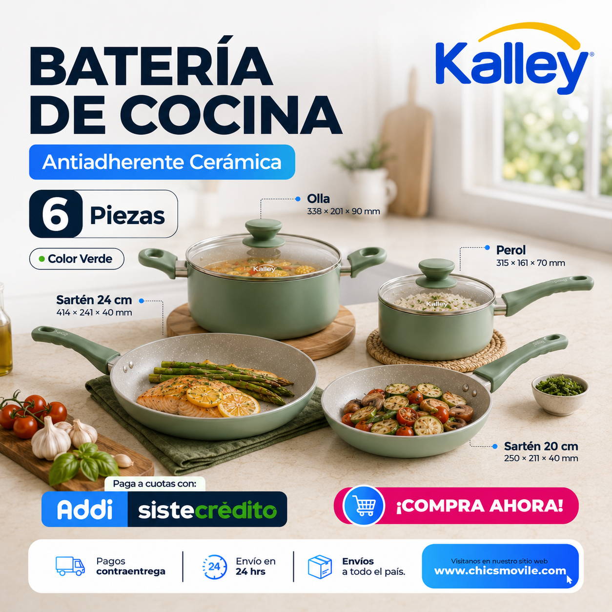 Batería de Ollas de Cocina Antiadherente Cerámica x 6 piezas