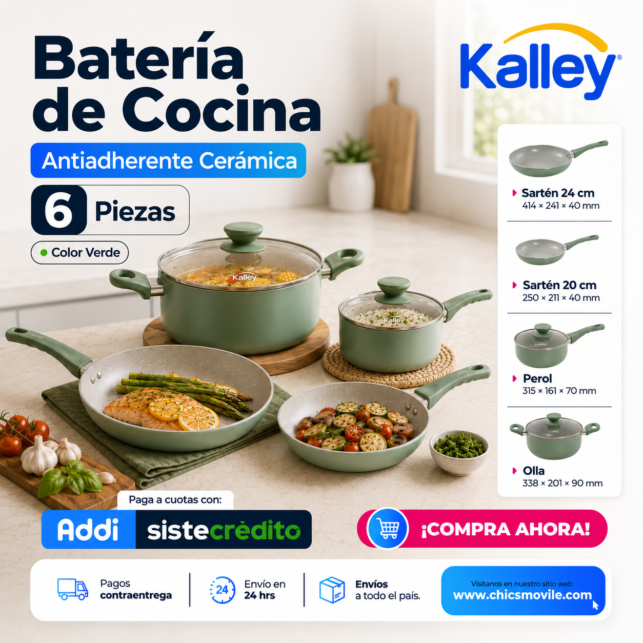 Batería de Ollas de Cocina Antiadherente Cerámica x 6 piezas