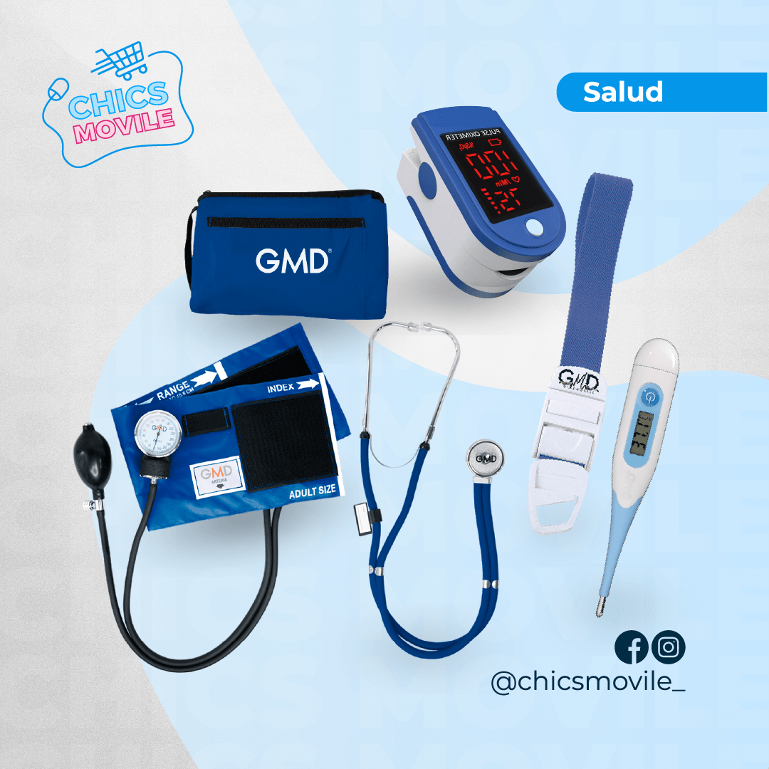 Kit de enfermería GMD Tensiómetro, Fonendoscopio + Oxímetro + Termómetro + Torniquete Elástico - Chics Movile