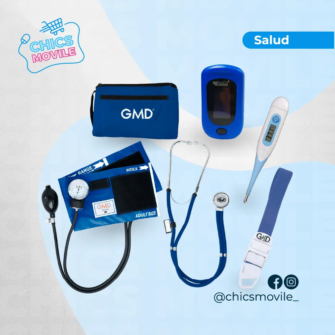 Kit enfermeria Tensiómetro, Fonendoscopio + Oxímetro Valcri + Termómetro + Torniquete Elástico - Chics Movile
