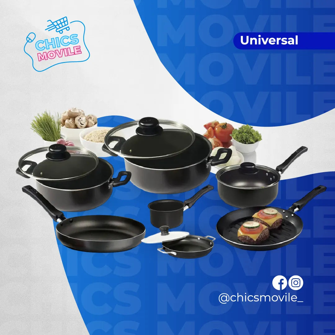 Juego De Ollas Universal 11 Piezas Antiadherente Color Negro 🍲🍚 - Chics Movile