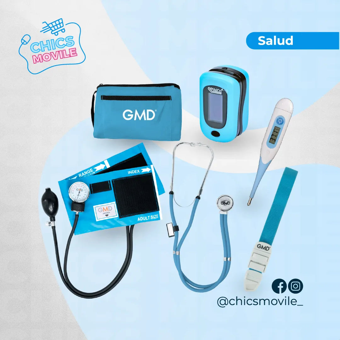 Kit enfermeria Tensiómetro, Fonendoscopio + Oxímetro Valcri + Termómetro + Torniquete Elástico - Chics Movile