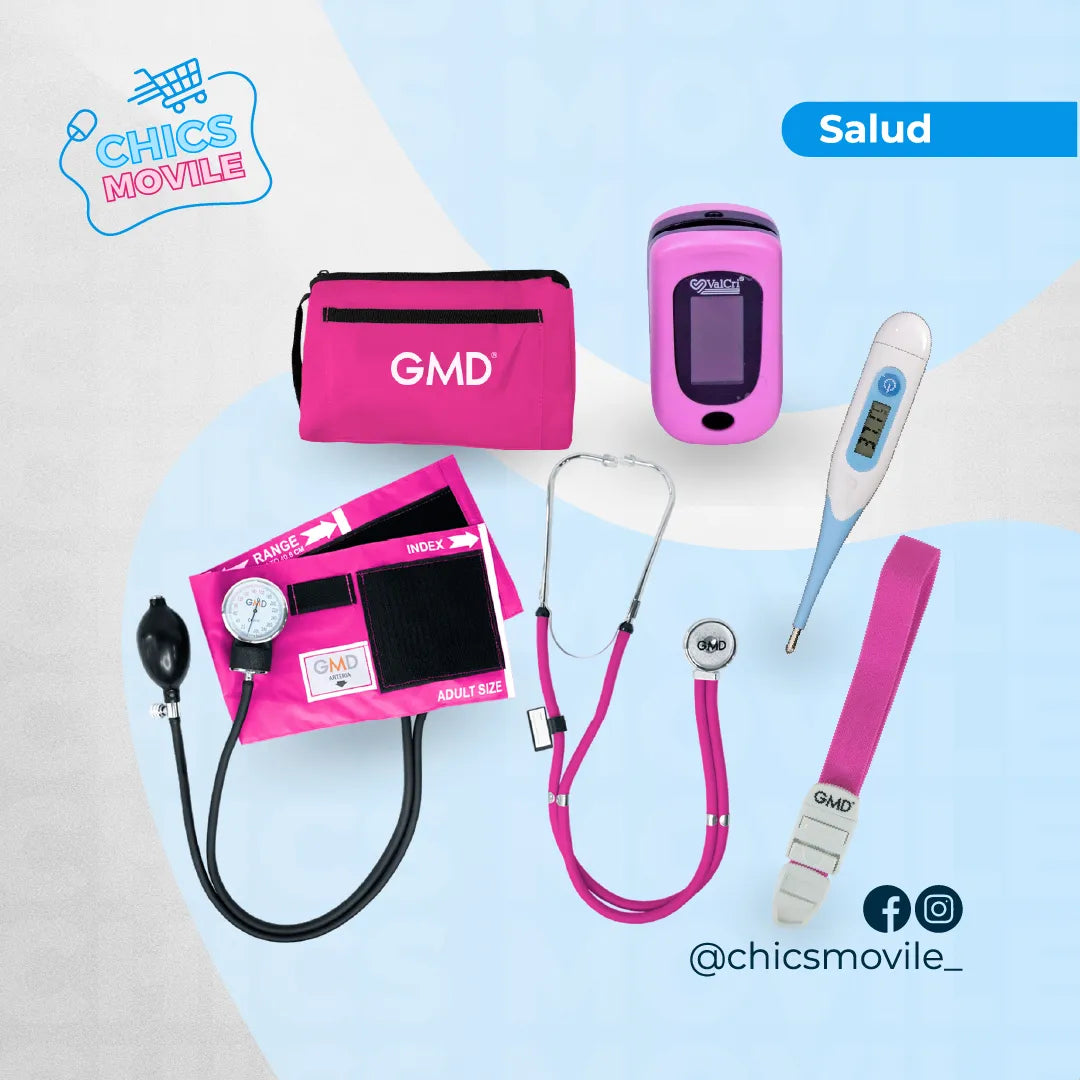 Kit enfermeria Tensiómetro, Fonendoscopio + Oxímetro Valcri + Termómetro + Torniquete Elástico - Chics Movile