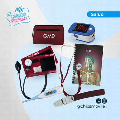Kit de enfermería GMD Tensiómetro, Fonendoscopio + Oxímetro + Termómetro + Torniquete Elástico + Cuaderno GMD ✅🧑‍⚕️ - Chics Movile