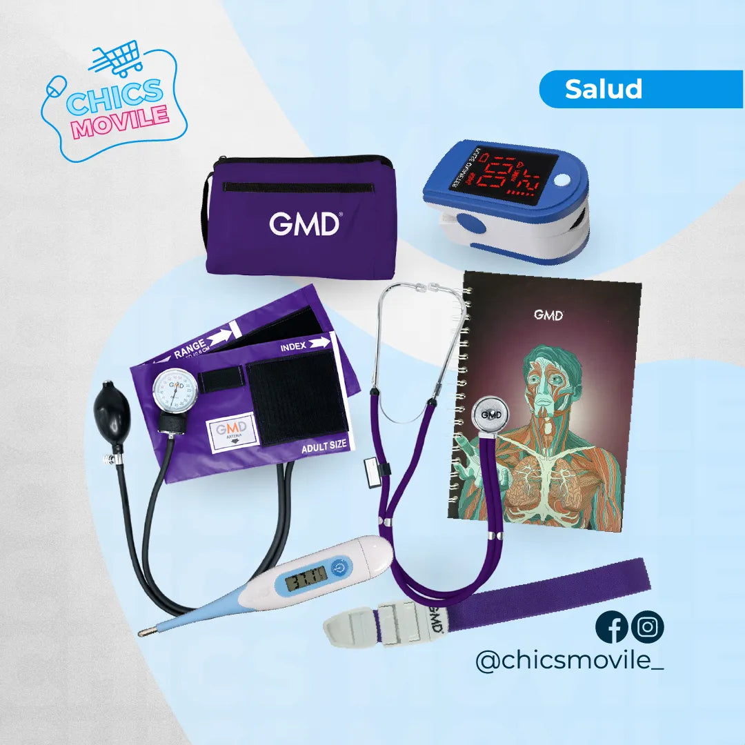 Kit de enfermería GMD Tensiómetro, Fonendoscopio + Oxímetro + Termómetro + Torniquete Elástico + Cuaderno GMD ✅🧑‍⚕️ - Chics Movile