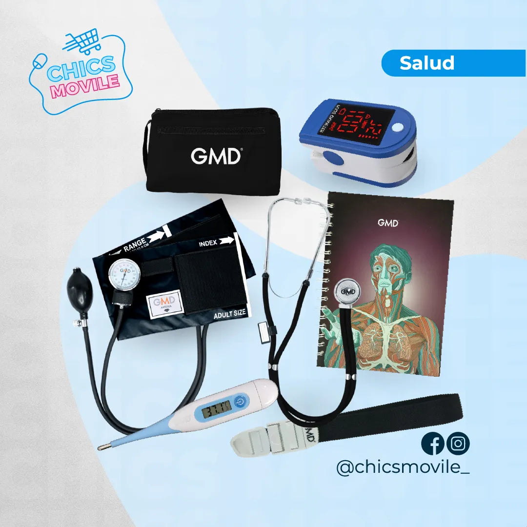 Kit de enfermería GMD Tensiómetro, Fonendoscopio + Oxímetro + Termómetro + Torniquete Elástico + Cuaderno GMD ✅🧑‍⚕️ - Chics Movile