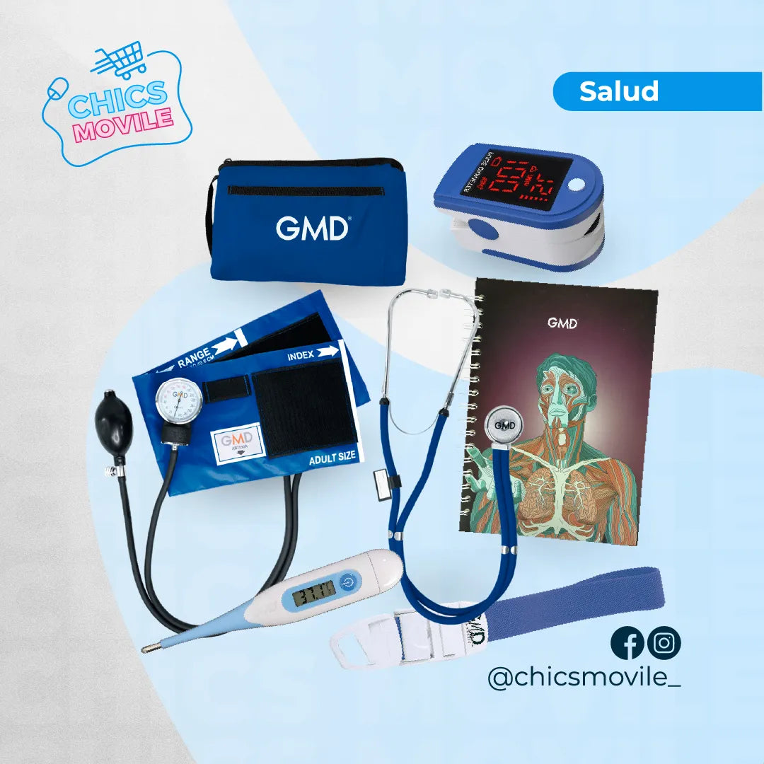 Kit de enfermería GMD Tensiómetro, Fonendoscopio + Oxímetro + Termómetro + Torniquete Elástico + Cuaderno GMD ✅🧑‍⚕️ - Chics Movile
