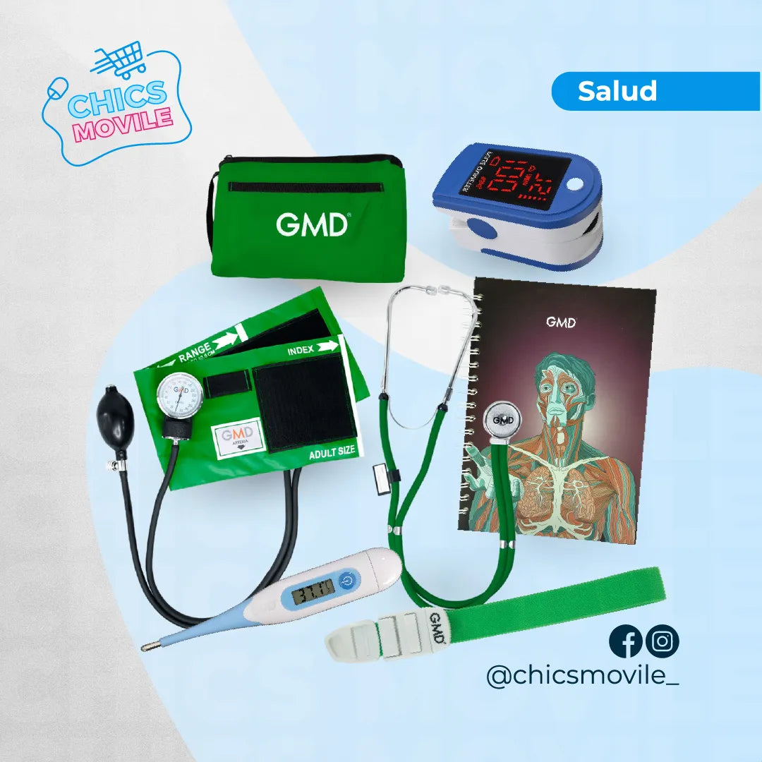 Kit de enfermería GMD Tensiómetro, Fonendoscopio + Oxímetro + Termómetro + Torniquete Elástico + Cuaderno GMD ✅🧑‍⚕️ - Chics Movile