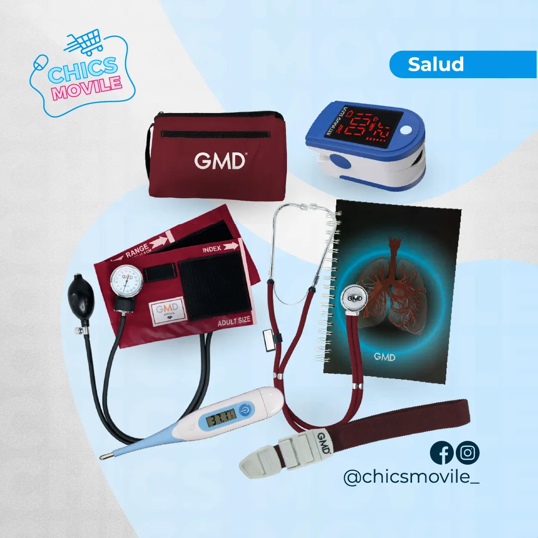 Kit de enfermería GMD Tensiómetro, Fonendoscopio + Oxímetro + Termómetro + Torniquete Elástico + Cuaderno GMD ✅🧑‍⚕️ - Chics Movile
