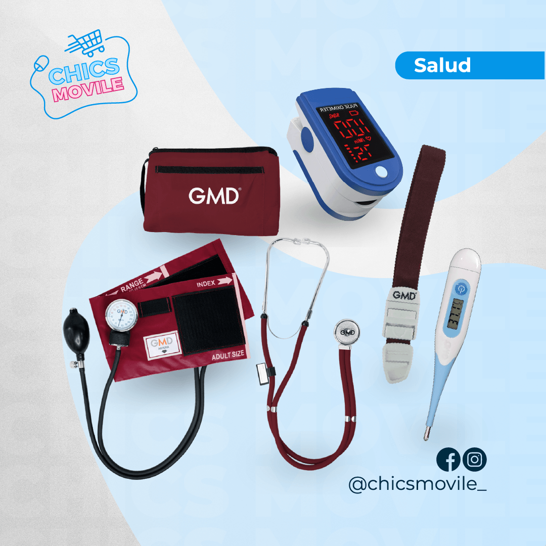 Kit de enfermería GMD Tensiómetro, Fonendoscopio + Oxímetro + Termómetro + Torniquete Elástico - Chics Movile