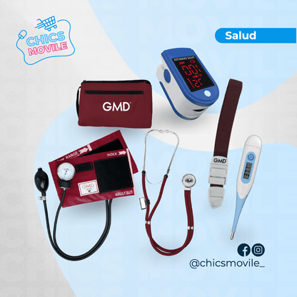 Kit de enfermería GMD Tensiómetro, Fonendoscopio + Oxímetro + Termómetro + Torniquete Elástico - Chics Movile