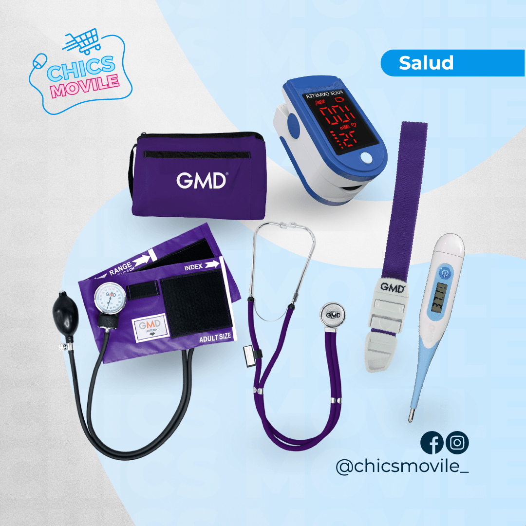 Kit de enfermería GMD Tensiómetro, Fonendoscopio + Oxímetro + Termómetro + Torniquete Elástico - Chics Movile