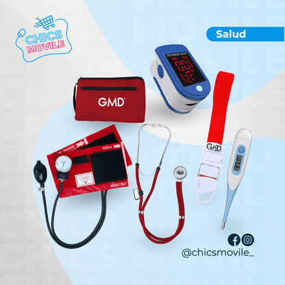 Kit de enfermería GMD Tensiómetro, Fonendoscopio + Oxímetro + Termómetro + Torniquete Elástico - Chics Movile