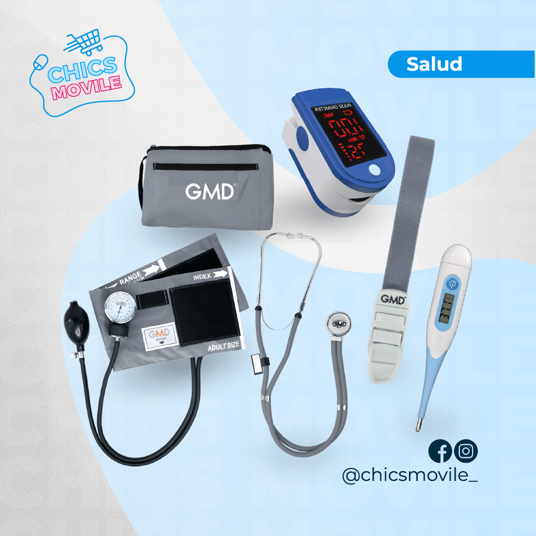 Kit de enfermería GMD Tensiómetro, Fonendoscopio + Oxímetro + Termómetro + Torniquete Elástico - Chics Movile