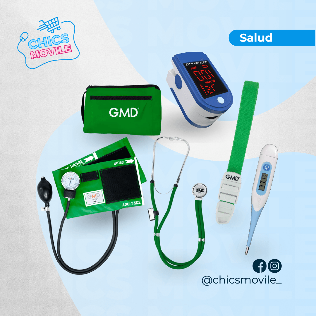 Kit de enfermería GMD Tensiómetro, Fonendoscopio + Oxímetro + Termómetro + Torniquete Elástico - Chics Movile