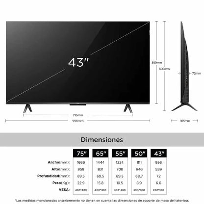 TV TCL 43" QLED 4K UHD Google TV – Modelo 43P7K