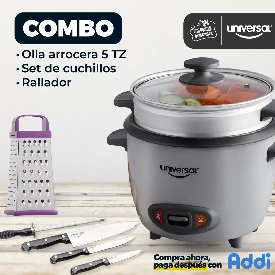 Combo UNIVERSAL Olla Arrocera UNIVERSAL 5 Tazas + Set De Cuchillos + Rallador 👨‍🍳🔪🍚 - Chics Movile