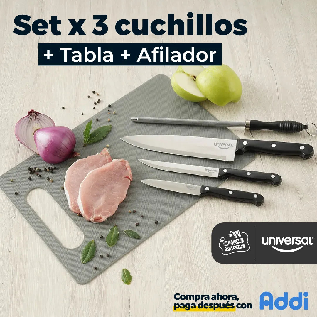 Set X3 Cuchillos + Tabla + Afilador Universal 👨‍🍳🔪 - Chics Movile