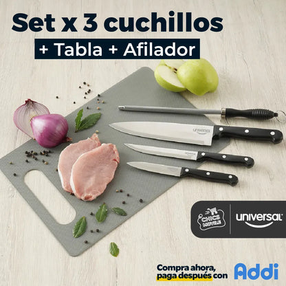 Set X3 Cuchillos + Tabla + Afilador Universal 👨‍🍳🔪 - Chics Movile