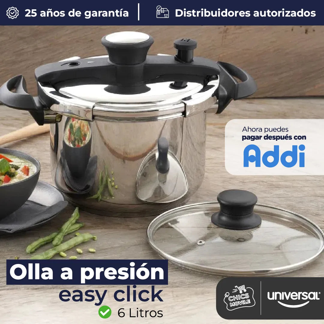Olla A Presión Easy Click 6 Litros + Tapa De Vidrio 🥩🍗 - Chics Movile