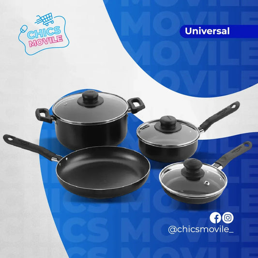 Juego De Ollas Universal 7 Piezas Antiadherente Color Negro 🍲🍚 - Chics Movile