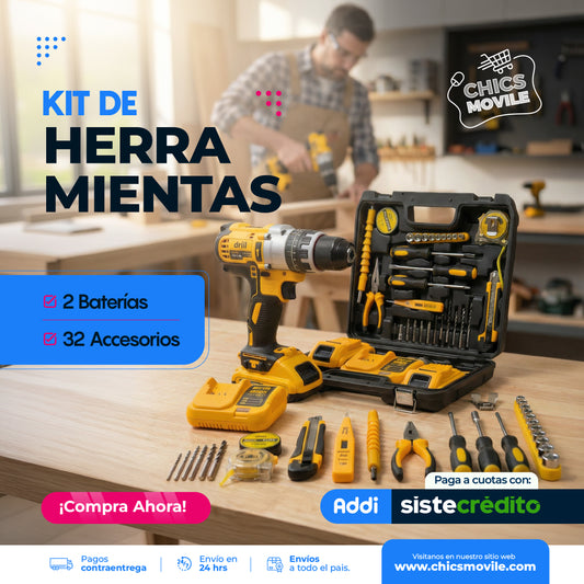 Kit de Herramientas drill 48v percutor 10mm con 2 Baterias y 32 Accesorios