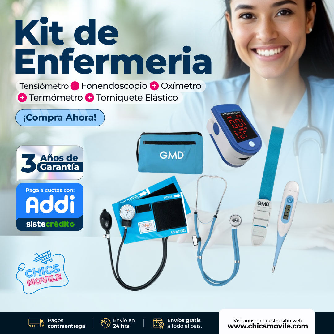 Kit de enfermería GMD Tensiómetro,  Fonendoscopio + Oxímetro + Termómetro + Torniquete Elástico