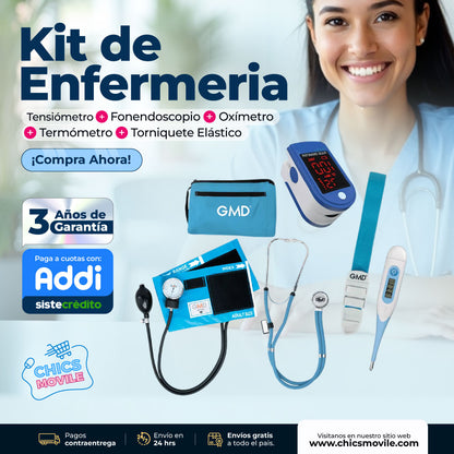 Kit de enfermería GMD Tensiómetro,  Fonendoscopio + Oxímetro + Termómetro + Torniquete Elástico